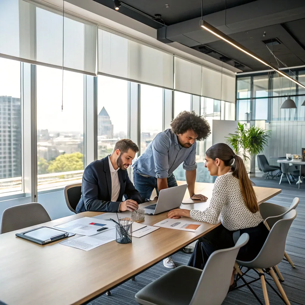 Professional team collaborating in modern office environment