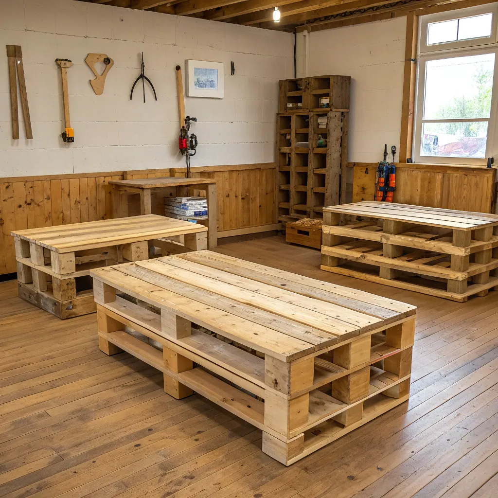 Handcrafted pallet furniture displayed in workshop